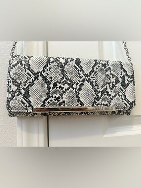 Steve Madden Black & White Snake-Print Clutch with Metallic Trim